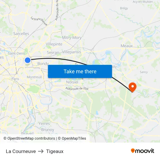 La Courneuve to Tigeaux map