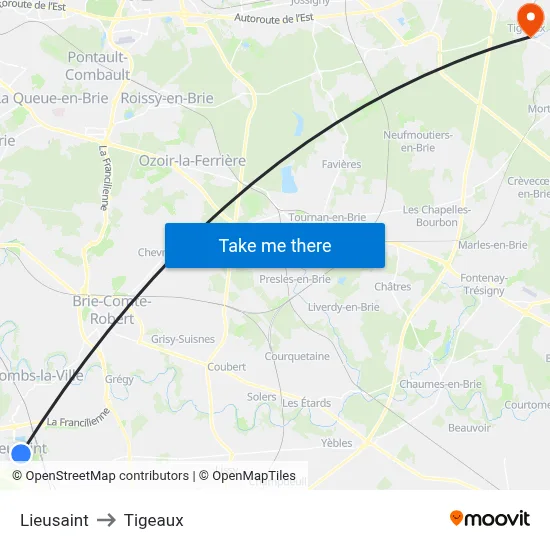Lieusaint to Tigeaux map
