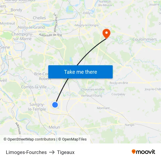 Limoges-Fourches to Tigeaux map