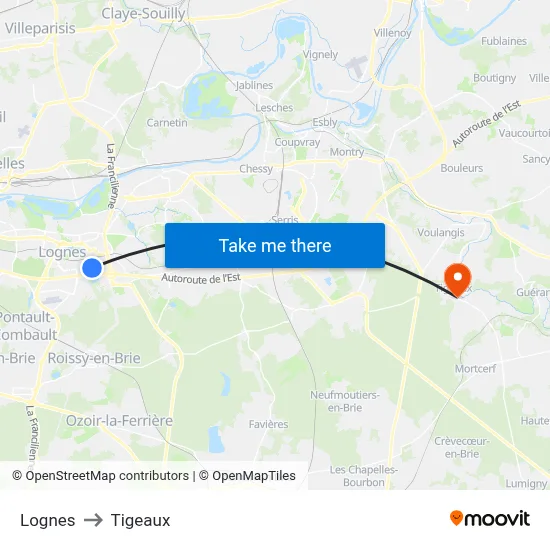 Lognes to Tigeaux map