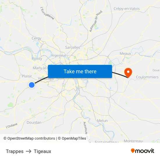 Trappes to Tigeaux map