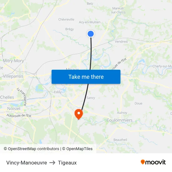 Vincy-Manoeuvre to Tigeaux map