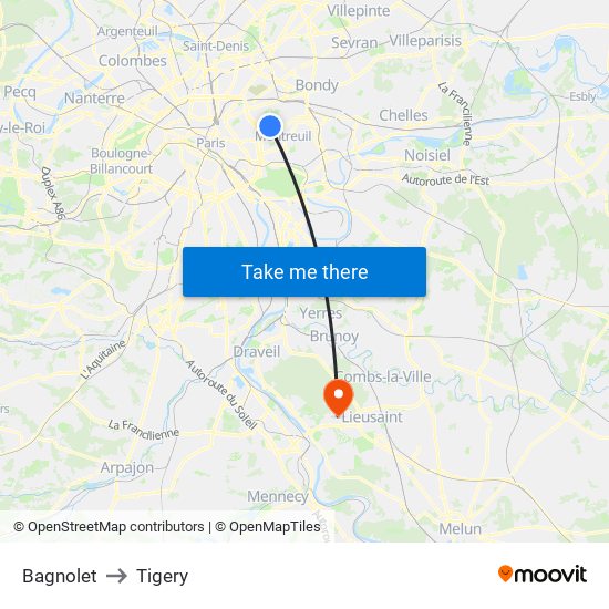 Bagnolet to Tigery map