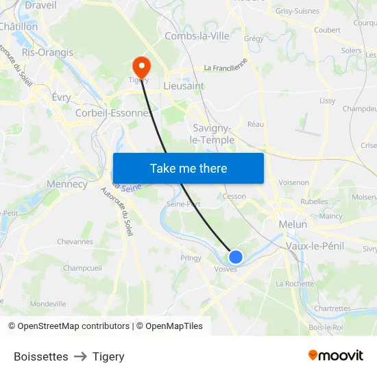 Boissettes to Tigery map