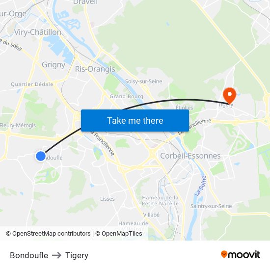 Bondoufle to Tigery map