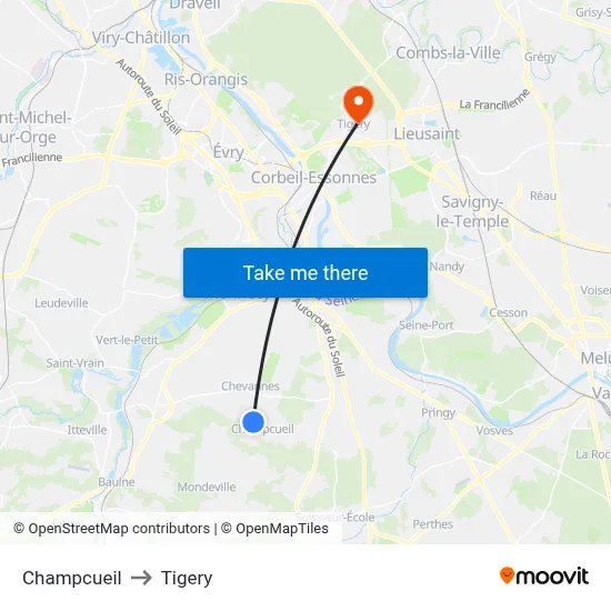 Champcueil to Tigery map