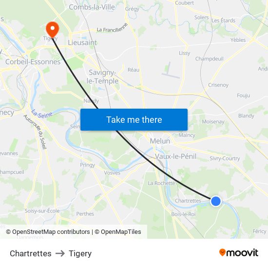 Chartrettes to Tigery map