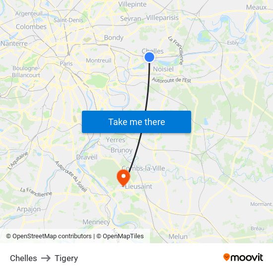 Chelles to Tigery map