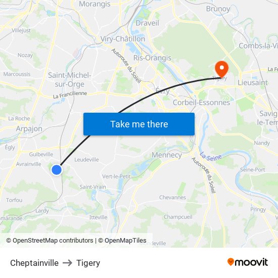 Cheptainville to Tigery map