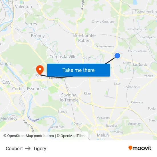 Coubert to Tigery map