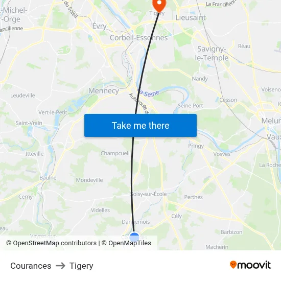 Courances to Tigery map