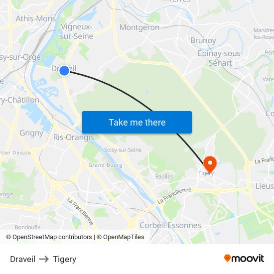 Draveil to Tigery map