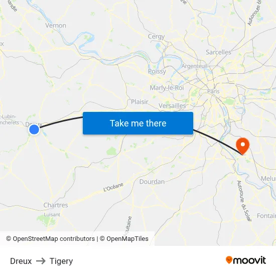 Dreux to Tigery map