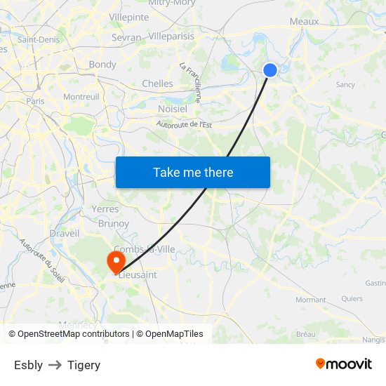 Esbly to Tigery map