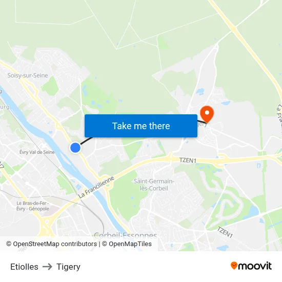 Etiolles to Tigery map