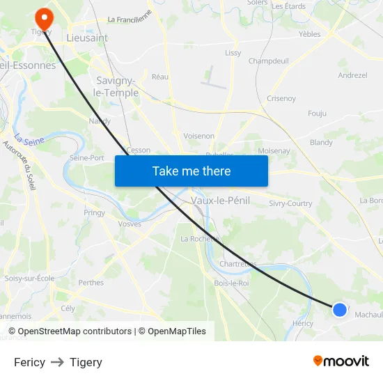 Fericy to Tigery map
