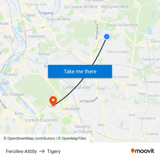 Ferolles-Attilly to Tigery map