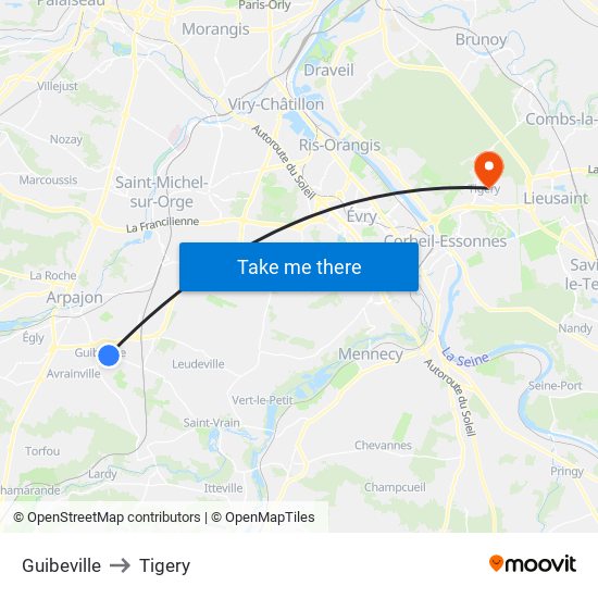 Guibeville to Tigery map