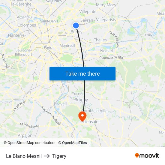 Le Blanc-Mesnil to Tigery map