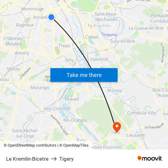 Le Kremlin-Bicetre to Tigery map