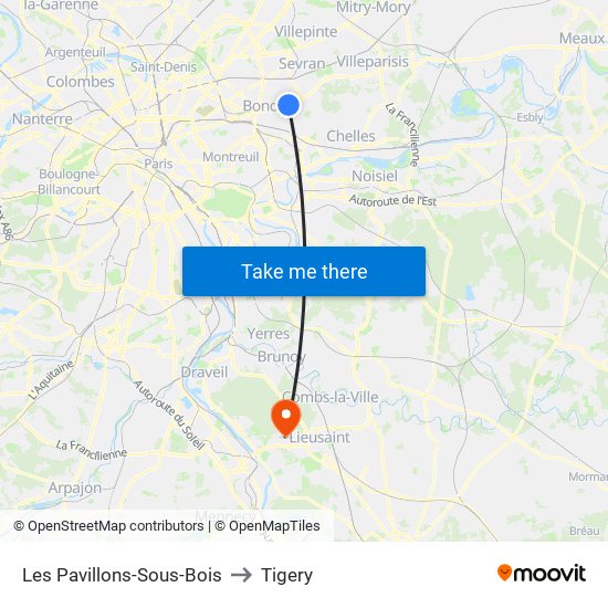 Les Pavillons-Sous-Bois to Tigery map