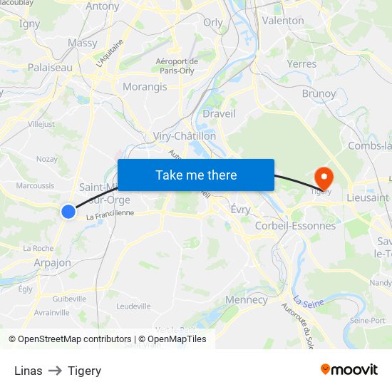 Linas to Tigery map