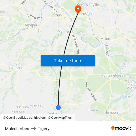 Malesherbes to Tigery map