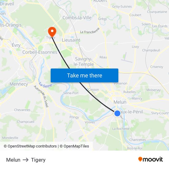 Melun to Tigery map