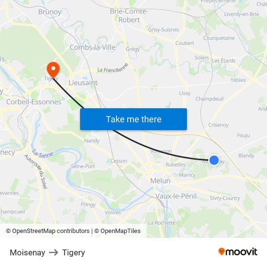Moisenay to Tigery map
