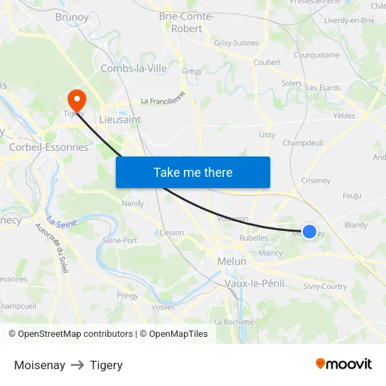 Moisenay to Tigery map