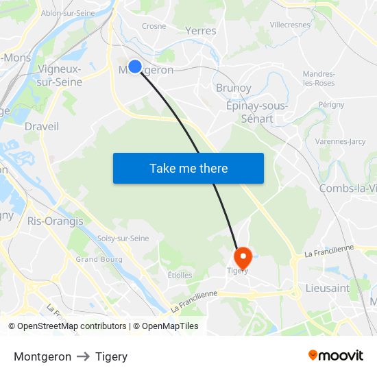 Montgeron to Tigery map