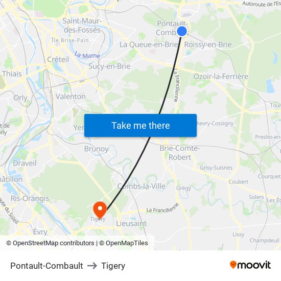 Pontault-Combault to Tigery map