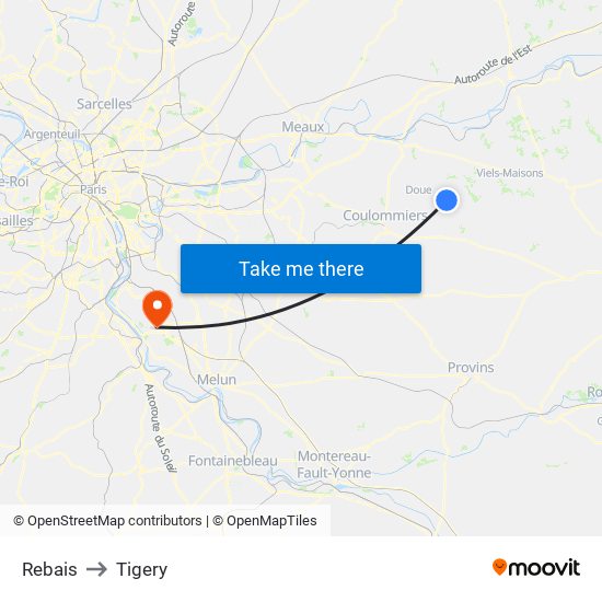 Rebais to Tigery map