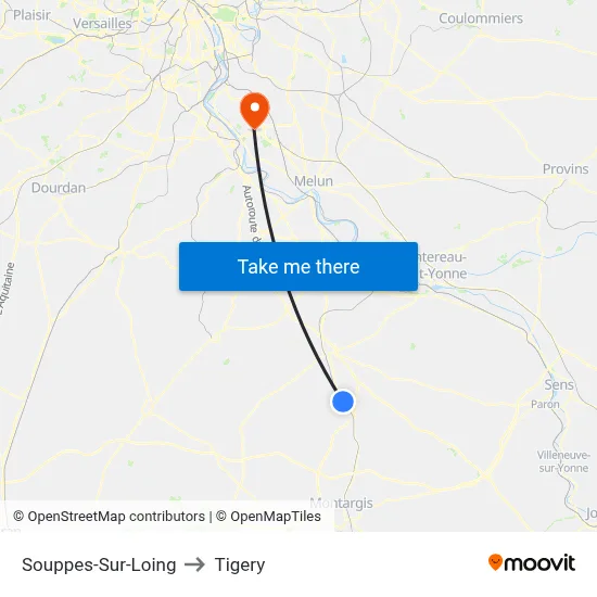 Souppes-Sur-Loing to Tigery map