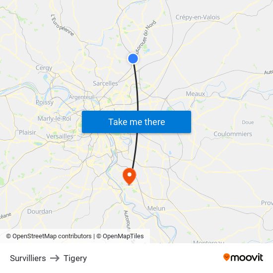 Survilliers to Tigery map