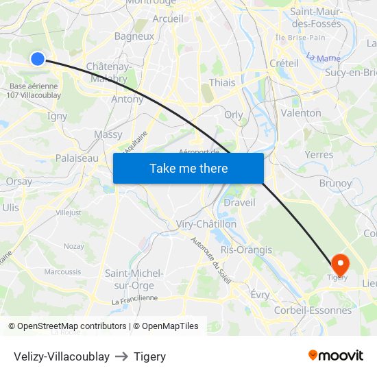 Velizy-Villacoublay to Tigery map