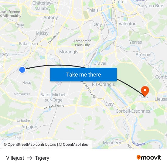 Villejust to Tigery map