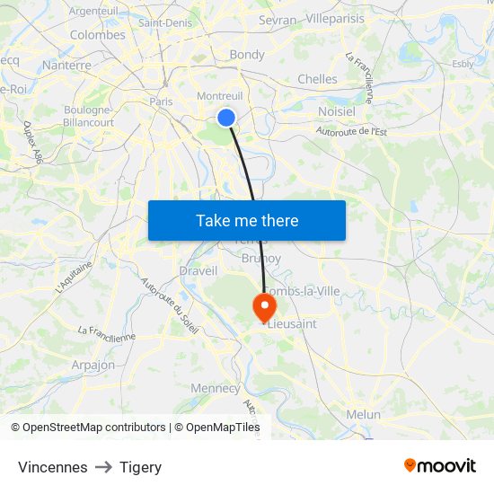 Vincennes to Tigery map