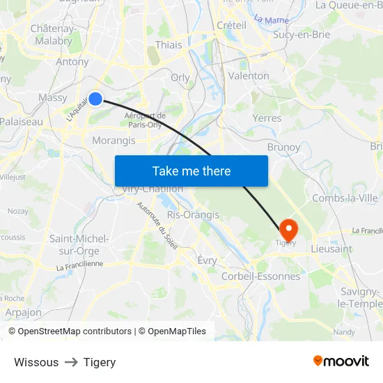 Wissous to Tigery map
