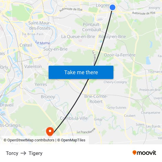 Torcy to Tigery map
