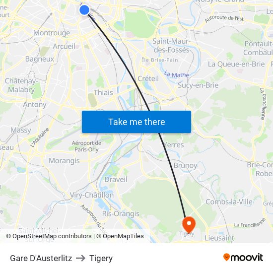 Gare D'Austerlitz to Tigery map
