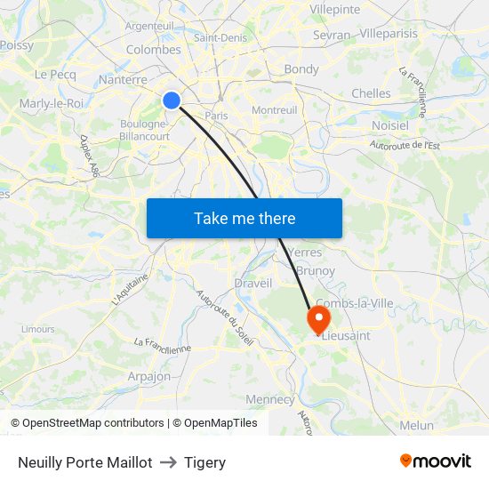 Neuilly Porte Maillot to Tigery map