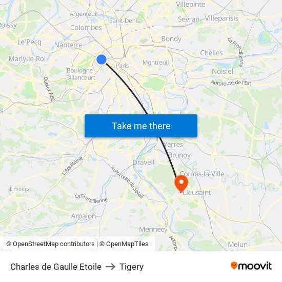 Charles de Gaulle Etoile to Tigery map