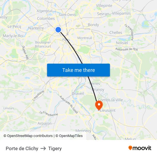 Porte de Clichy to Tigery map
