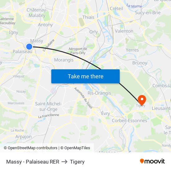 Massy - Palaiseau RER to Tigery map