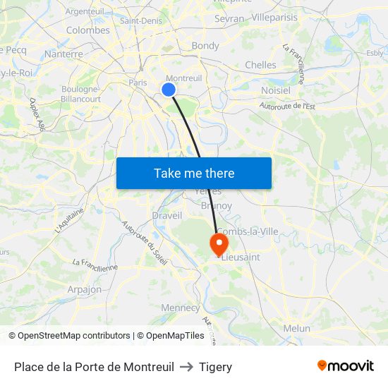 Place de la Porte de Montreuil to Tigery map