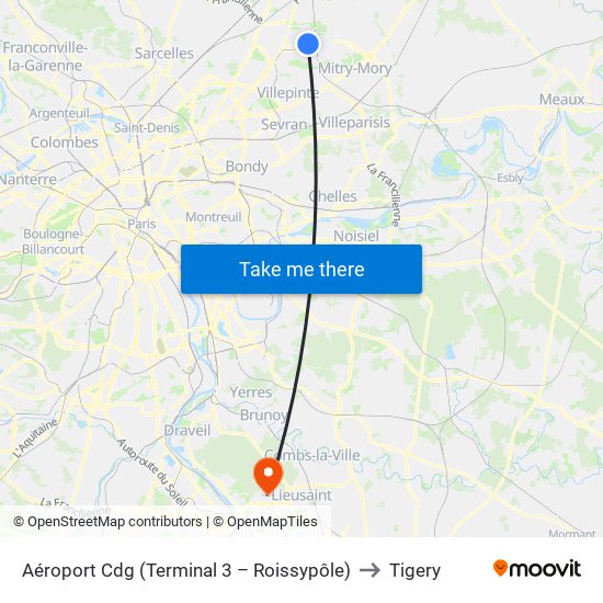 Aéroport Cdg (Terminal 3 – Roissypôle) to Tigery map