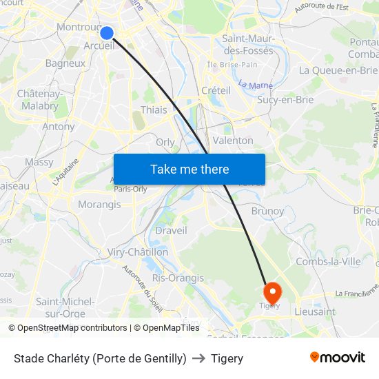 Stade Charléty (Porte de Gentilly) to Tigery map