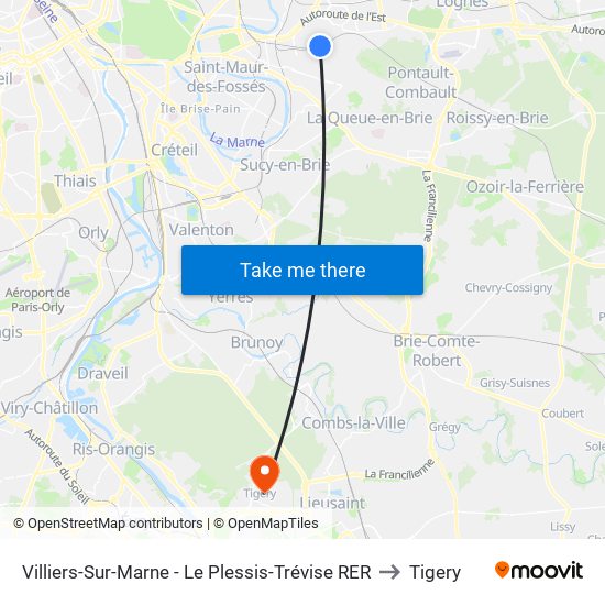 Villiers-Sur-Marne - Le Plessis-Trévise RER to Tigery map