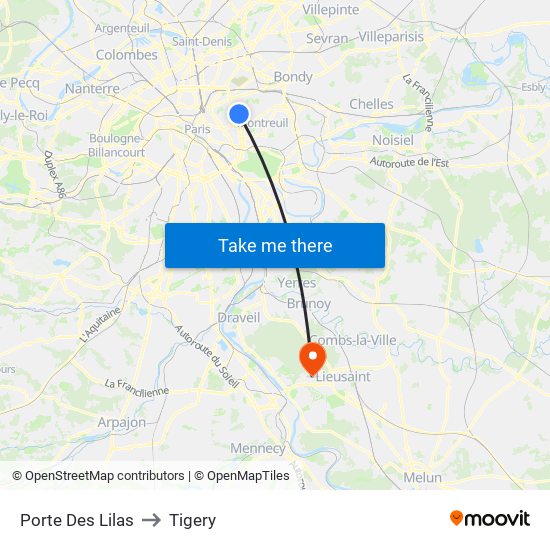 Porte Des Lilas to Tigery map